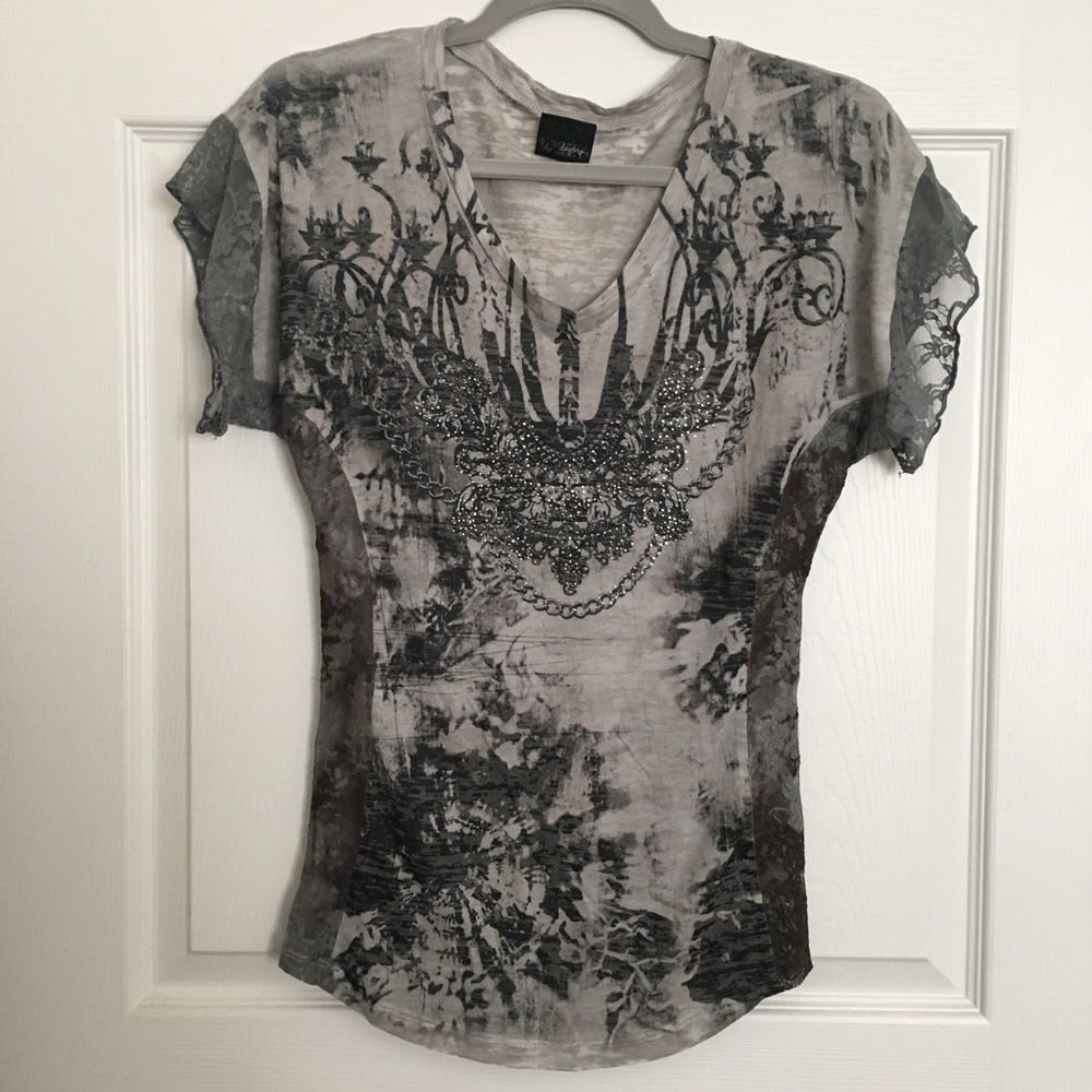 Daytrip Sheer Embellished Top with Lace
